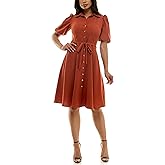 Sharagano Womens Sharkskin Button to Hem Shirtdress with a Blouson Sleeve, Pockets and Self Tie Belt