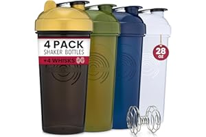 GOMOYO 4-Pack - 28 Ounce Protein Shaker Bottle for Mixes, 4xWire Whisk, Leak Proof Bulk Supplement Mixes and Pre-Workout Shaker Cups, Dishwasher Safe & BPA Free, Black,White, Navy & Moss