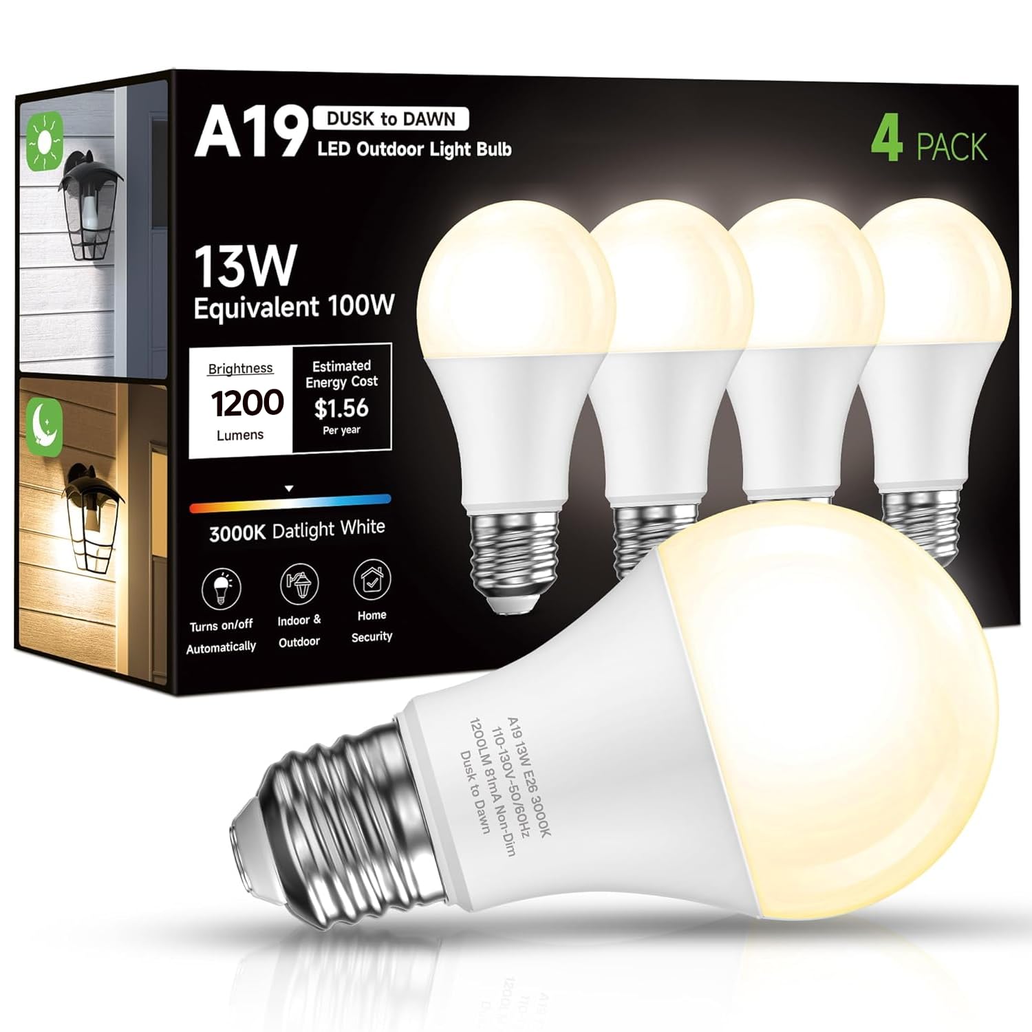 Photo 1 of Eastiya Dusk to Dawn Sensor LED Outdoor Light Bulb, Warm White 3000K, A19 13W(100 Watt Equivalent) Bright Porch Lighting, 1200LM, Auto-On/Off Photocell Sensor for Garage Yard Patio Garden-4 Pack