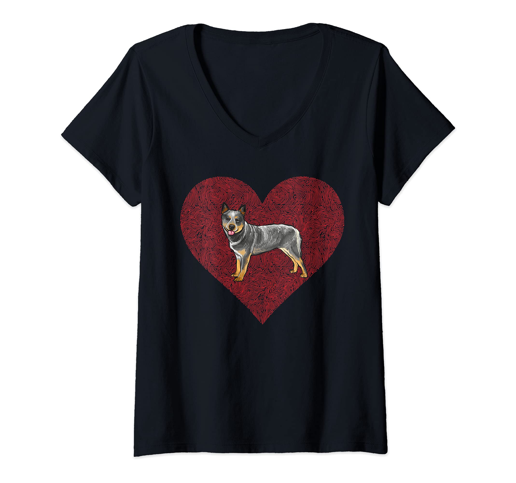 Womens Australian Cattle Dog Valentines Day Dog Love Fingerprint V-Neck T-Shirt