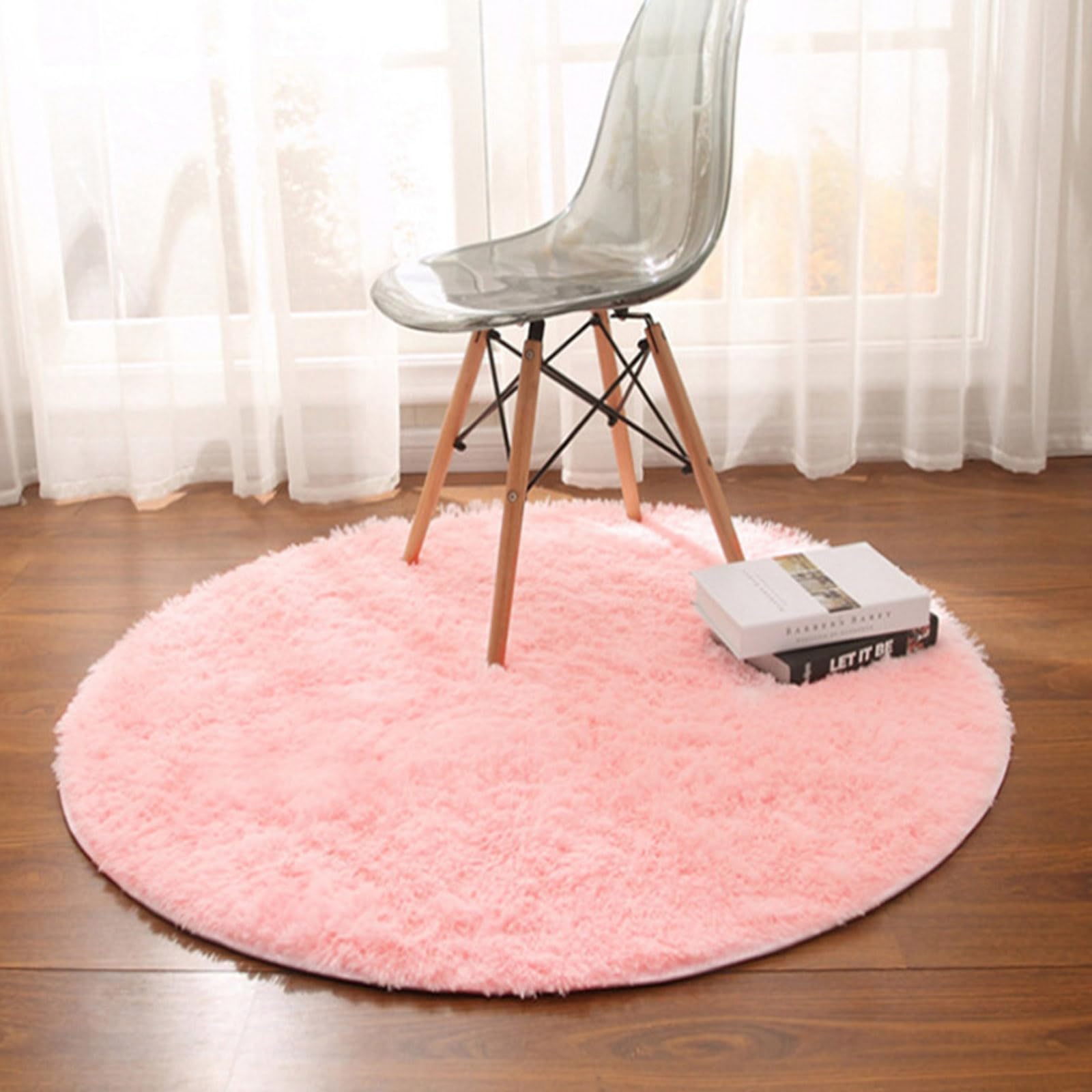 HARESLE Round Rugs for Living Room-Non-shedding Non-slip Washable Rug For Bedroom, Children's Room Round Carpet (Pink,Diam 90cm/35.4in/2.95ft)