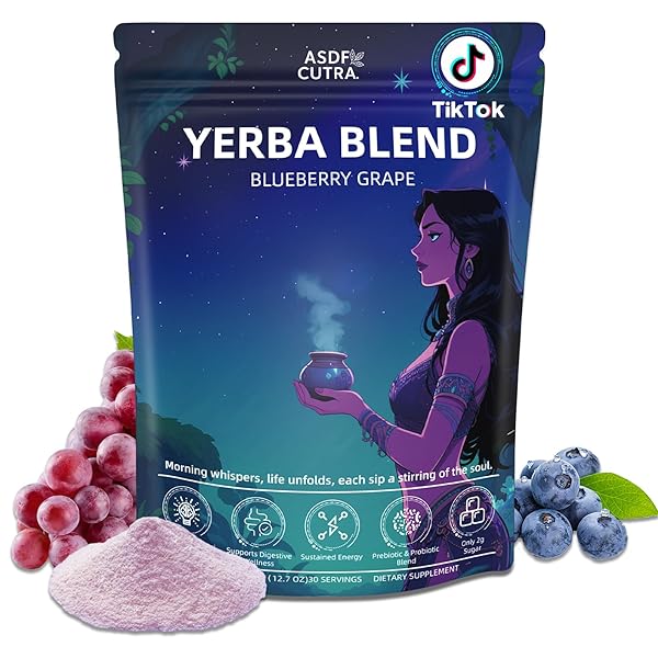 YERBA MATE INSTANT TEA POWDER, BLUEBERRY GRAPE FLAVOR, UPGRADE TO 360G 3-IN-1 NATURAL ENERGY SUPER DRINK WITH LOW SUGAR, PREBIOTICS & PROBIOTICS, SUPPORTS MENTAL CLARITY, 30 SERVINGS