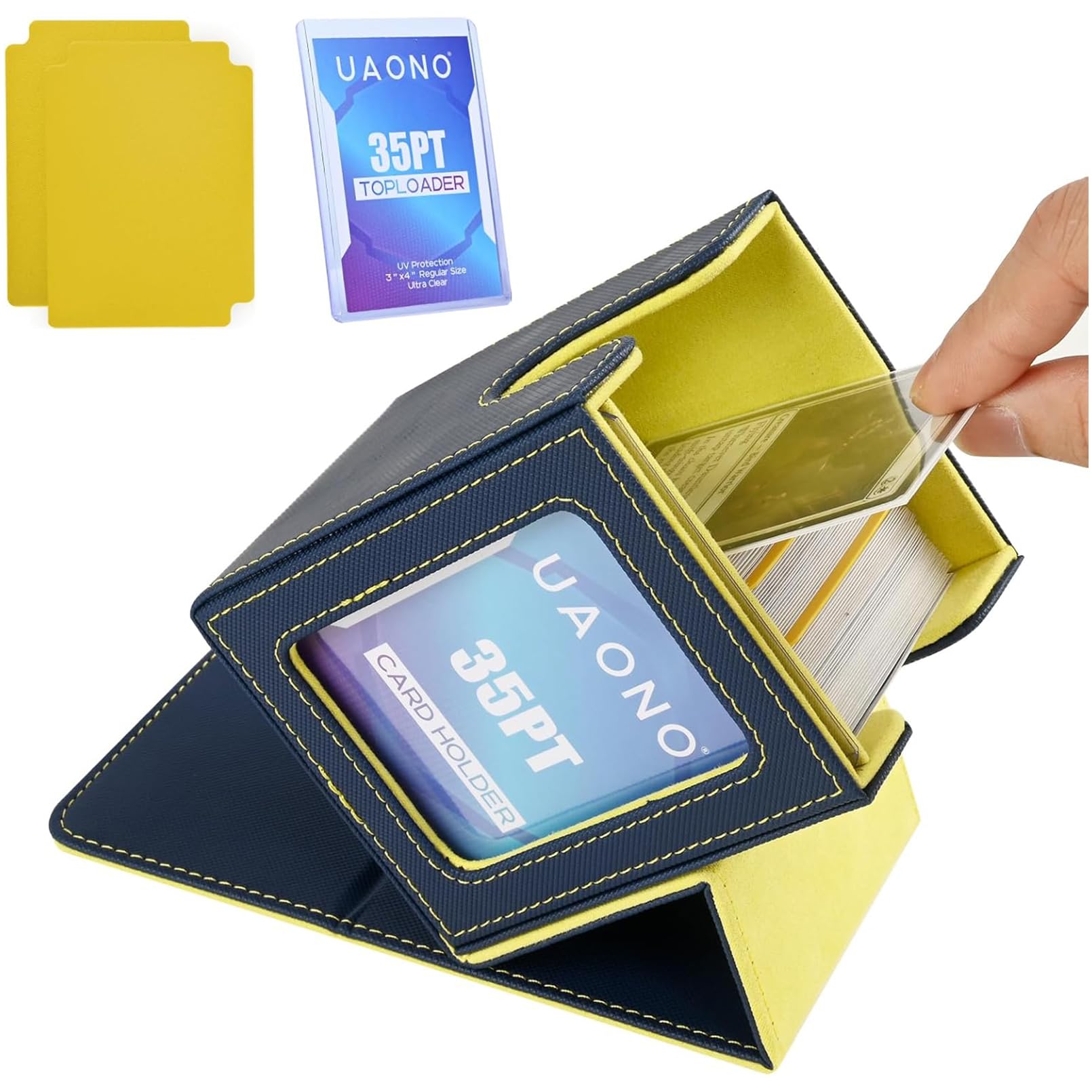UAONO Card Deck Box with Commander Display, Deck Case Holds 100+ Double-Sleeved Cards, Trading Card Storage Box Fits TCG/PTCG/Sports Card with 2 Dividers, 1 Top Loaders (Blue, Yellow)