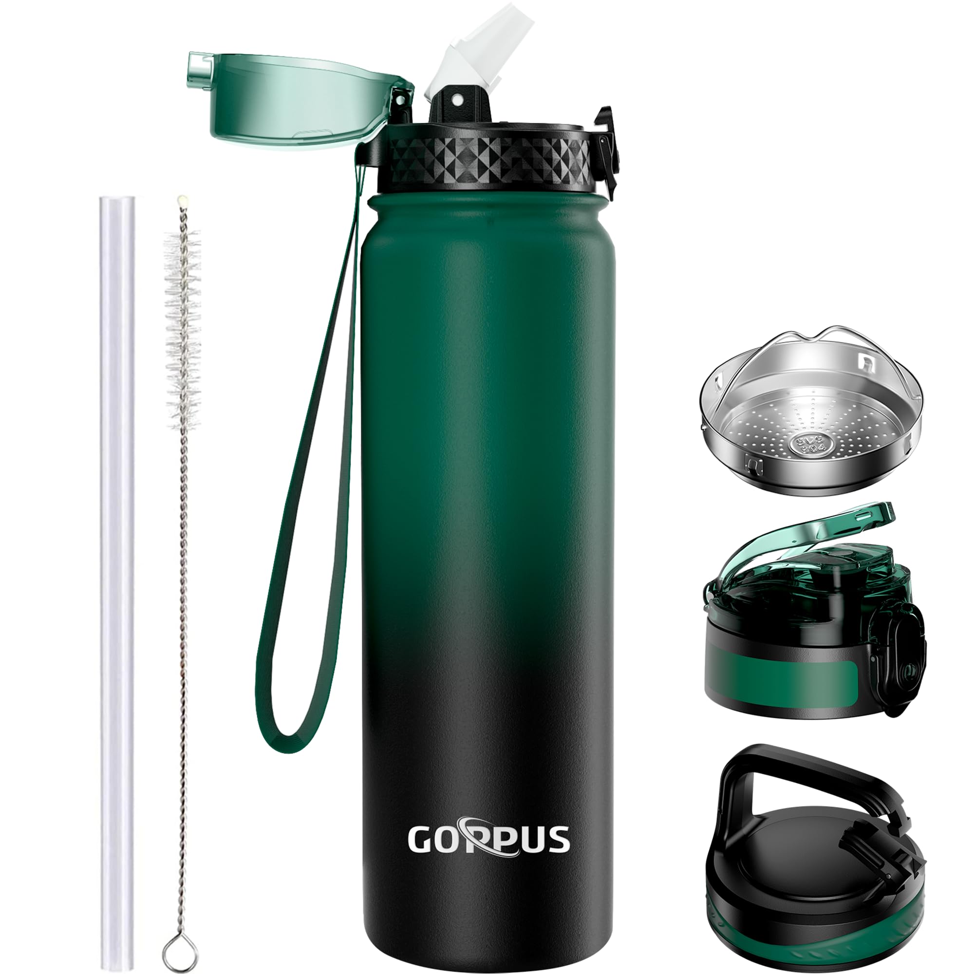 GOPPUS 1L/32oz Stainless Water Bottle with Straw Double Wall Insulated Bottles with Strap Reusable Vacuum Thermal Flask Leakproof Keep Cold Drinks Bottles with Flip Top Lid for Gym Men Women BPA Free