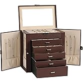 Frebeauty Large Jewelry Box,6-Tier PU Leather Jewelry Organizer,Multi-functional Storage Case with Mirror,Accessories Holder with 5 Drawers for Necklace Bracelets Watches(Dark Brown)
