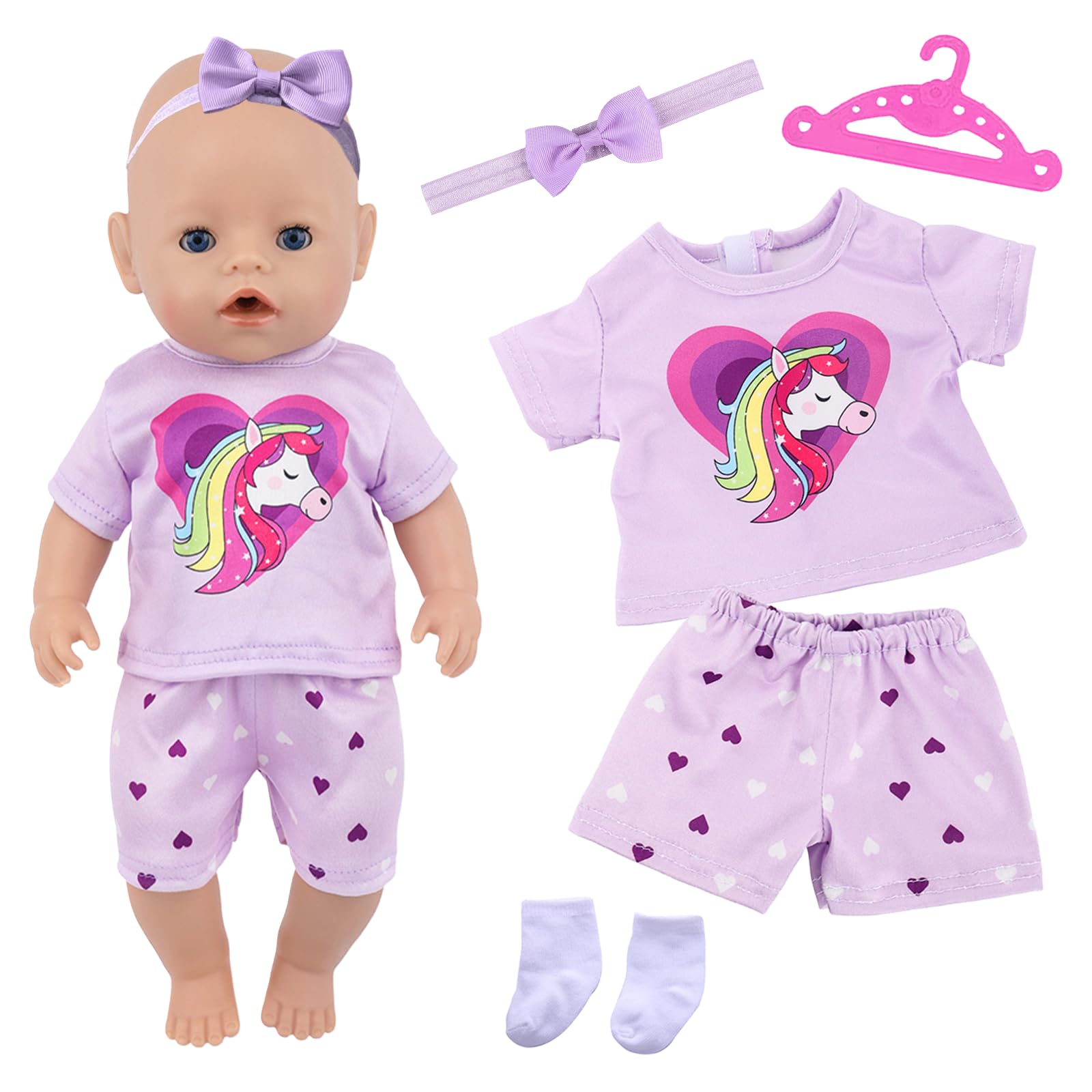 Baby Doll Clothes for 14-18 Inch Doll 35-43 cm Baby Doll, Cute Doll Clothes Outfits Accessories with 1 Pony Short-Sleeved shirt 1 Heart Shorts 1 Bow Headband 1 Hanger 1 sock Baby Dolls Girls Birthday