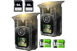 HRIVCAM Trail Camera 2 Pack 4K 64MP Solar Game Camera with 5000mAh Forever Power, 64GB Memory Card and Ip67 Waterproof Angle Night Vision for Wildlife Deer Outdoor Trail Cam, Monitoring Trail Cameras