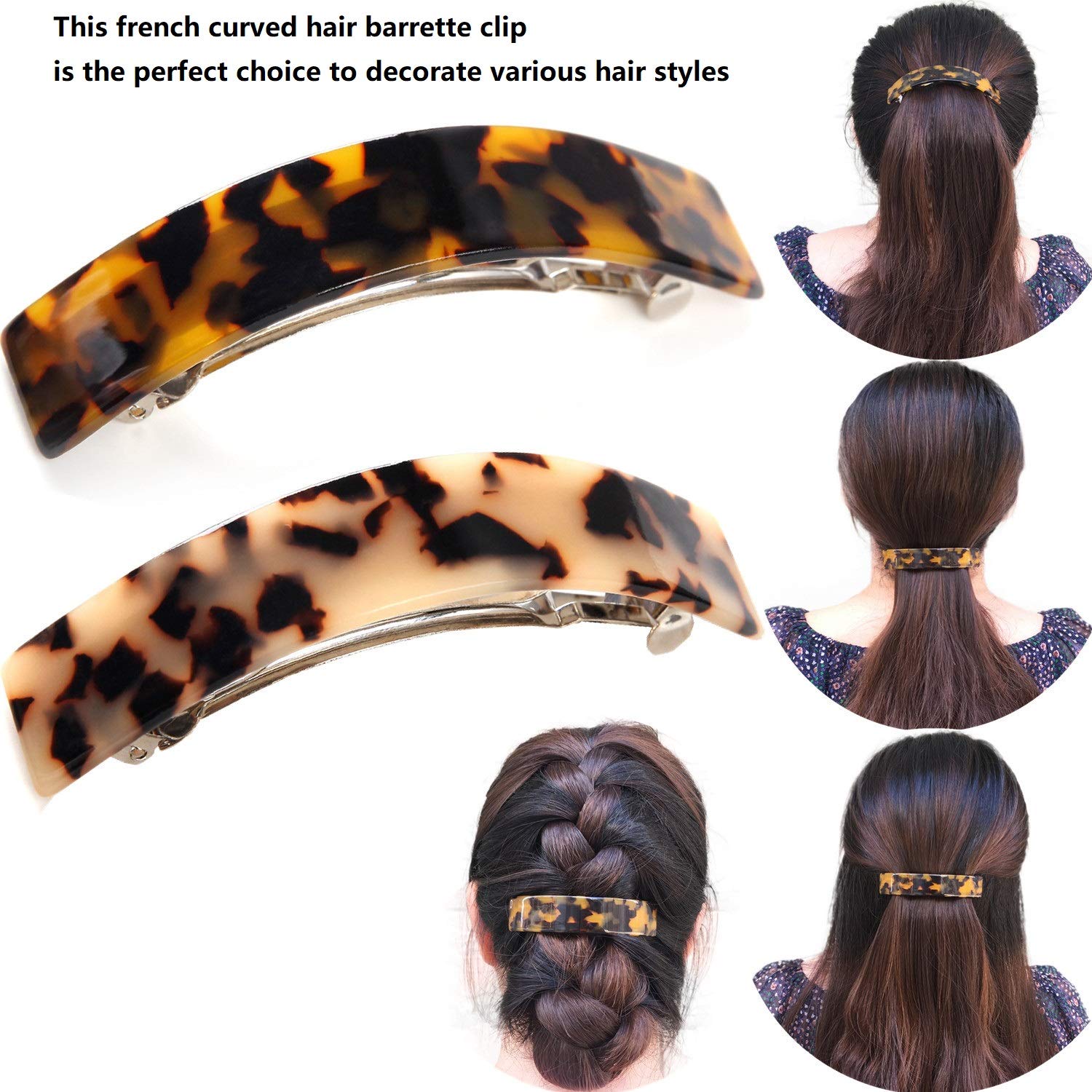 French Style Curved Rectangle Volume Barrette Tortoise Shell Hair Clips Barrettes Automatic Clasp For Thick Hair, 2 Pack : Beauty