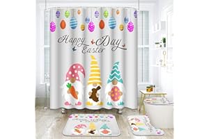 Subwest 4 Pcs Shower Curtain Set Happy Easter Three Easter Gnomes Bunny Candy Colourful with Non-Slip Rugs Toilet Lid Cover and Bath Mat Bathroom Decor Set 72 x 72 inch