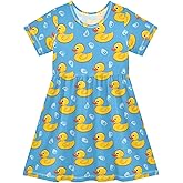 Yellow Duck on Blue Background Girls Short Sleeve Dress Casual A Line Twirly Skater Dresses