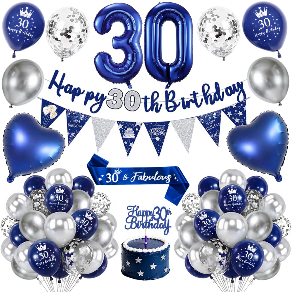 30th Birthday Decorations Men,Royal Blue Silver 30 Birthday Balloons with Happy 30th Birthday Banner, Number 30 Foil Balloons, Birthday Sash, Cake Topper,30th Birthday Party Decorations Set for Him