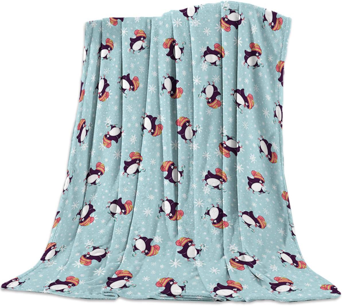 Chees D Zone Home Decor Throw Blankets 50x60 Inch, Christmas Penguin and Snowflakes on Blue Background Super Soft Cozy Blanket for Bedroom Living Room TV Sofa Couch Chair