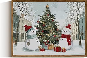 VIYYIEA Framed Canvas Wall Art Home Decor Christmas Tree Wall Art Decor,Vintage Christmas Decorations Indoor,Winter Painting Picture,Snowman Canvas Prints Gifts for Friends or Family - 16L x 12W