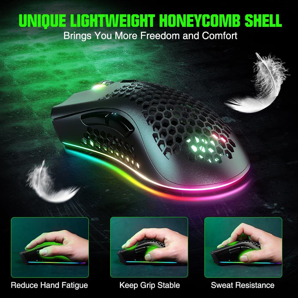 WolfLawS KM-1 Gaming Mouse, Wireless Mouse Gaming Computer Mice USB with Honeycomb Shell, 6 Programmed Buttons, 3 Adjustable DPI, Ergonomic RGB Optical Mouse - Green
