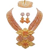 aczuv Fashion African Bead Necklace Nigerian Beads Wedding Jewelry Sets for Women (Champagne Gold AB)