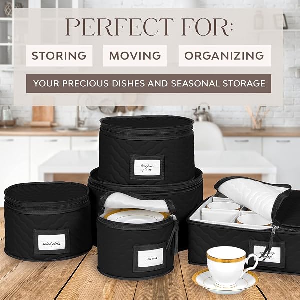 CHINA STORAGE CONTAINERS 5-PIECE SET MOVING BOXES FOR DINNERWARE, GLASSES, PLATES, MUGS AND SAUCERS STURDY QUILTED MICROFIBER DISH ORGANIZER WITH DIVIDERS FOR SEASONAL STORAGE – HOLDS SET OF 12, BLACK