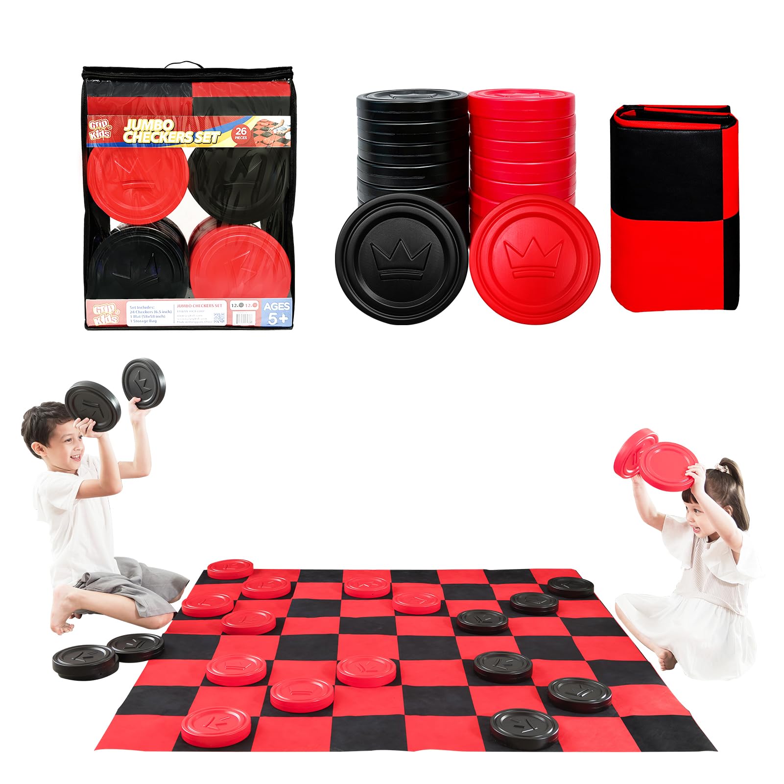 Photo 1 of Grip Kids Jumbo Checkers Set with Storage Bag - 58 inch mat - Outdoor & Indoor Play Toys, Backyard Board Games, Family Party, Birthday for Toddlers Ages 5 6 7 8 Year Old - Amazon Exclusive