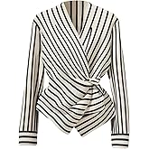 GORGLITTER Women's Dressy Wrap Peplum Tops Casual Striped Tie Waist Long Sleeve V Neck Elegant Shirts Business Blouse