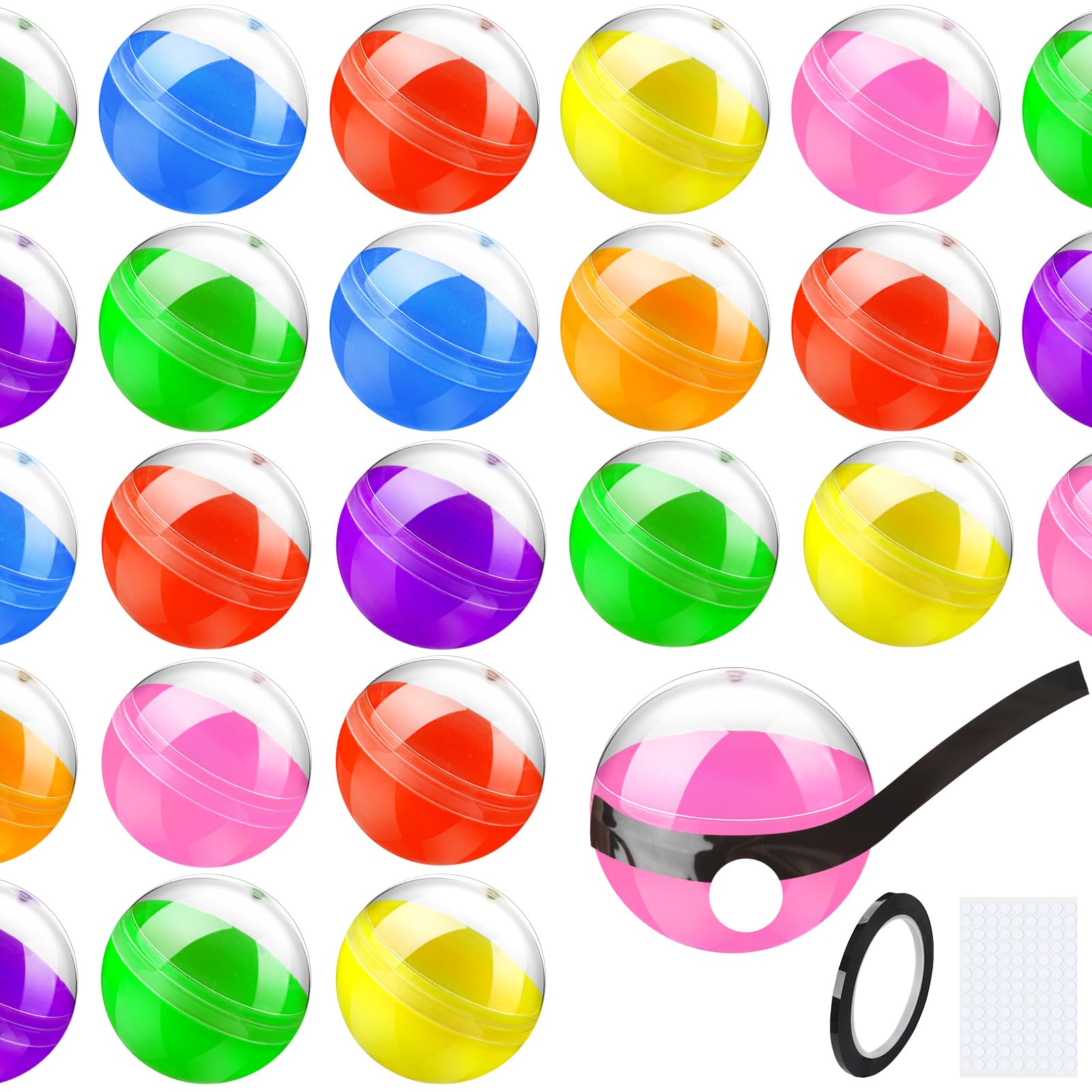 Photo 1 of Lunmon 100 Pcs Vending Machine Capsules Bulk 2 Inch Clear Colored Round 7 Colors Round Mini Gumball Machine Capsules Mini Plastic Ball Favor Container with Label Sticker Black Tape for Party Favor