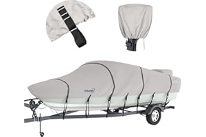 Tuszom 1200D Waterproof Boat Cover Trailerable Marine Grade Polyester Universal Fits V-Hull, Bass, Runabout,Fishing,Ski Boat with Motor Cover,More Straps (Gray, 16' - 18.5' L, UP to 94" W)