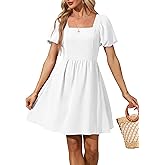 OFEEFAN Women Puff Sleeve Square Neck Tie in Back Dresses with Zipper
