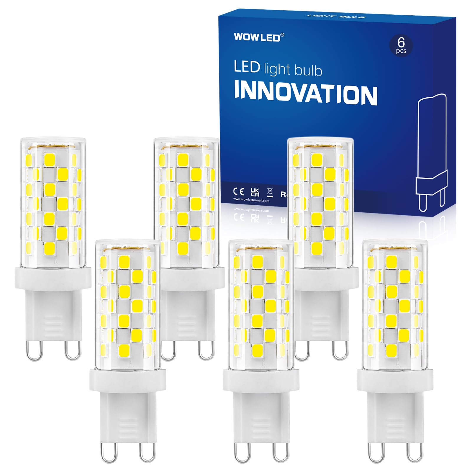 WOWLED 6pcs G9 LED Bulbs Dimmable Cool White 6000K, 5W Replace 40W G9 Halogen Bulbs, Energy Saving Bulbs for Ceiling Light Dining Room Living Room Bedroom Lights Home Decoration