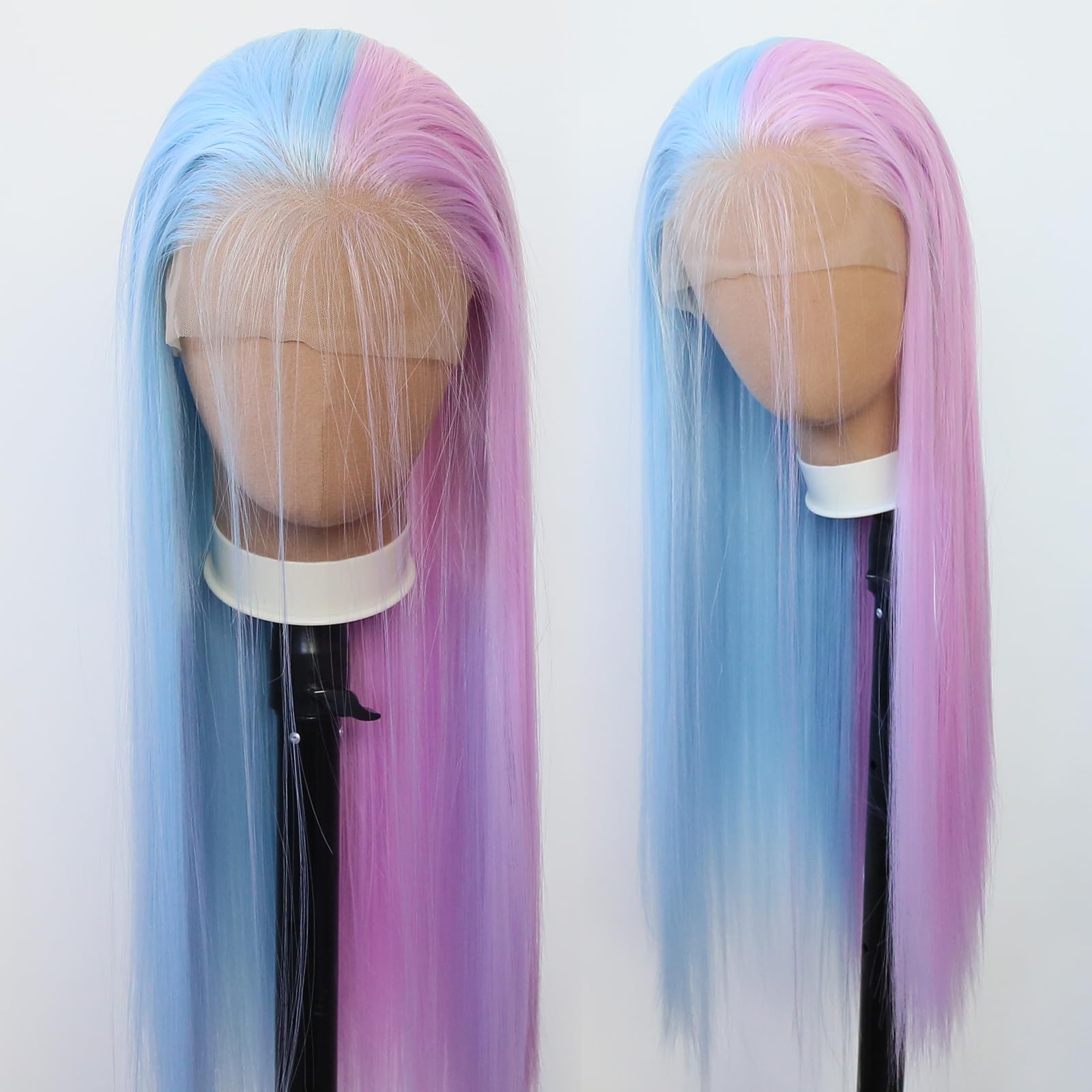 Towarm Half Blue Half Pink Synthetic Lace Front Wig - Long Straight Pre Plucked Natural Hairline With Baby Hair for Women Cosplay Daily Wear (Mix Blue and Mix Purple)