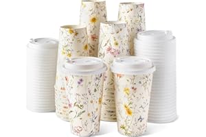 Nihuecne 50 Pack 16 oz Spring Floral Disposable Paper Coffee Cups with Snap-on Lids, Cute Floral Themed Cups for Hot & Cold D