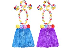 ASTARON 2 Sets Hula Skirt Costume Accessories with Hawaiian Leis Grass Skirts for Hawaiian Birthday Party Supplies