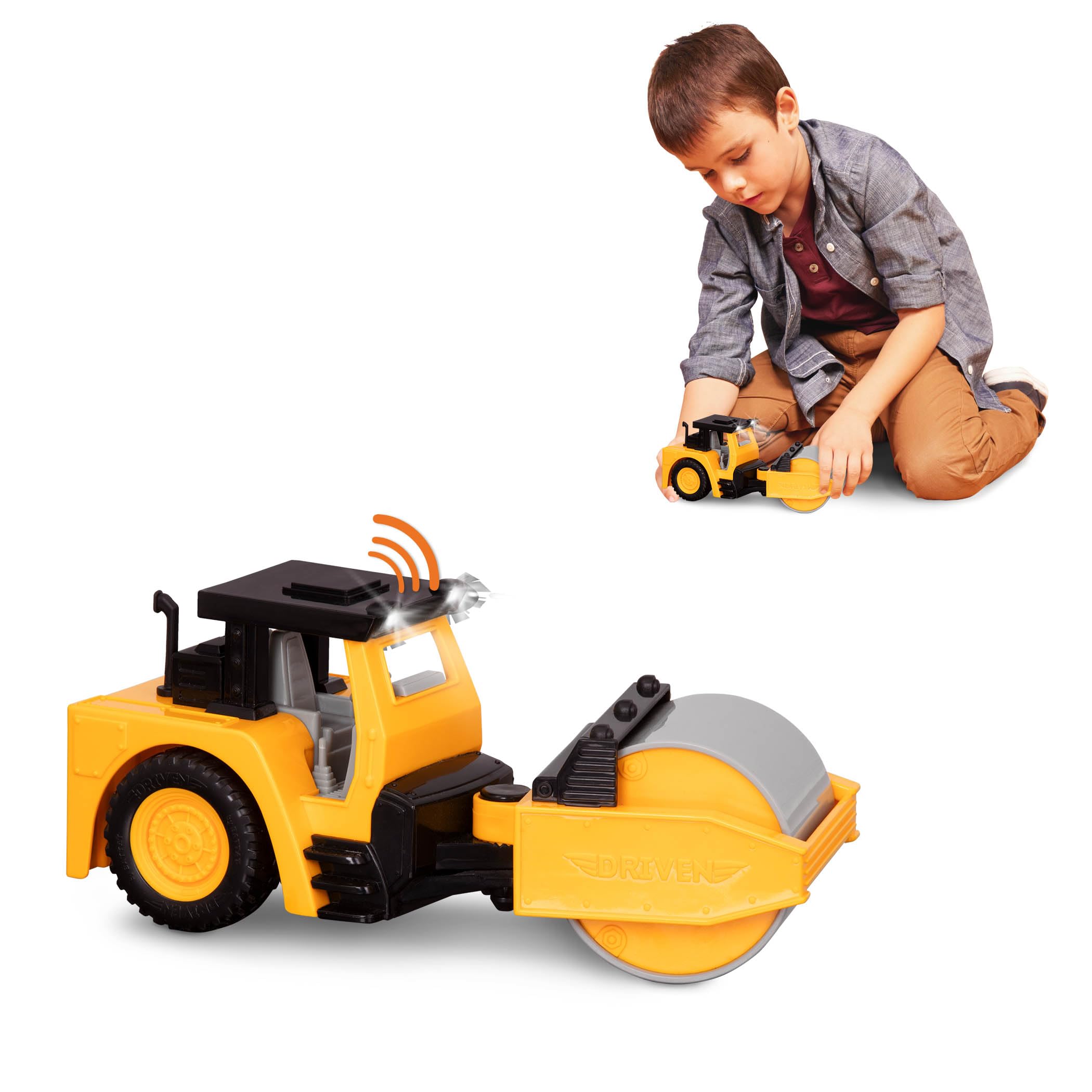 Driven by Battat – 7-Inch Steam Roller Toy with Lights & Sounds, Movable Parts, Construction Vehicle for Boys & Girls, Durable Design, Realistic Details, 3+ Years Toy for Kids