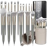 Vivid Beauty Makeup Brush Set, 18 Pcs Make up Brushes for Face and Eye with Travel Case – Natural Wood Handles – Unique Pointed Design, Makeup Brushes for Professional & Beginner Makeup Lovers (Gray)