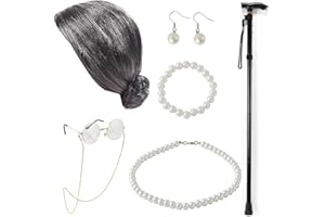 Antbutler Old Lady Costume Accessories,100 Year Old Costume, Grandma Wig with Glasses Cane Necklace Bracelet Earring for Kids