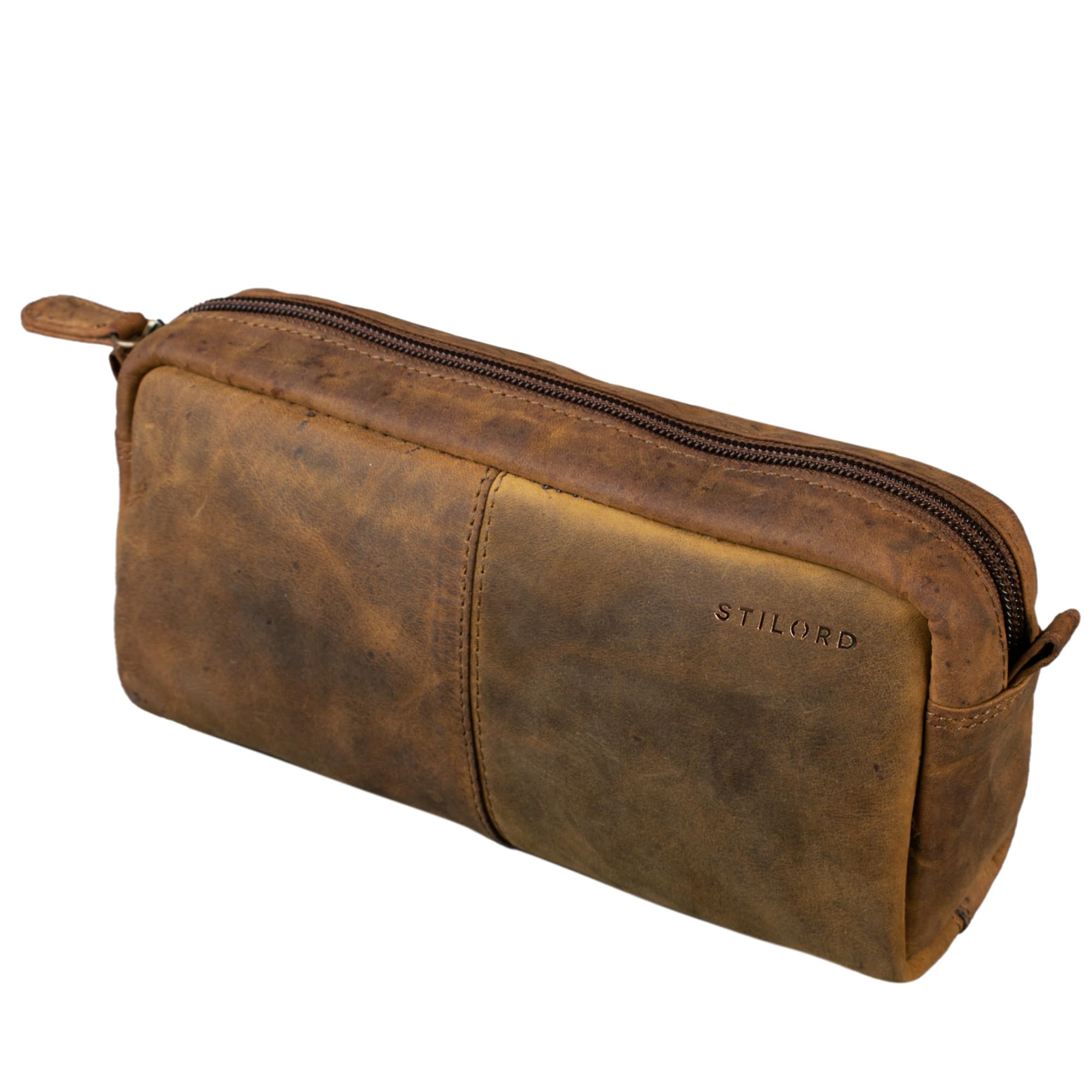 STILORD 'Spencer' Vintage Leather Pencil Case - Zipper Pouch - Organizer Roll-Up Pouch - Pen Case Genuine Leather, Colour:Middle Brown