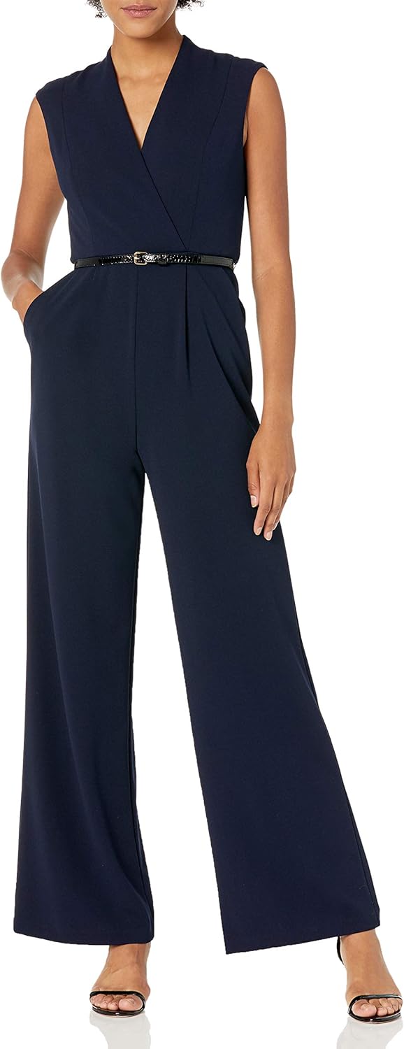 Calvin Klein Women's Solid V Neck Belted Jumpsuit Clothing