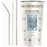 SNUGLYZEN Camping Tumbler 20 oz Stainless Steel Travel Cup with Lid, Vintage Camp Newspaper Design, Tent & Trees Night Sky Art, Outdoor Coffee Mug, Gift for Campers Men Women