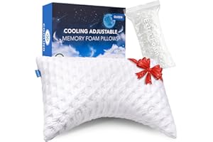KUCEY Cooling Side Sleeper Pillow for Neck and Shoulder Pain, Luxury Shredded Memory Foam Curved Bed Pillows for Sleeping Set of 1- Adjustable Queen Size- Washable Cover Crescent White