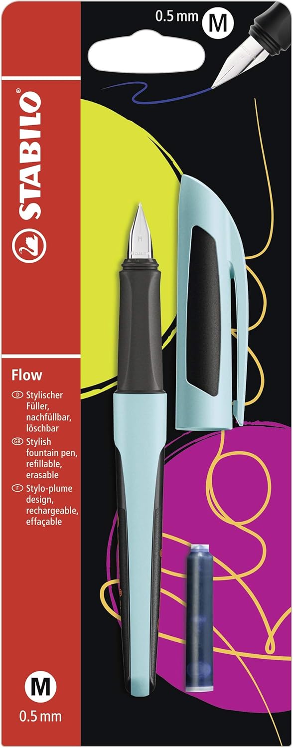 STABILO Flow - Fountain Pen - SPORTY - Medium Nib - Pack of 1 - Puristblue/Black including Blue Ink Cartridge