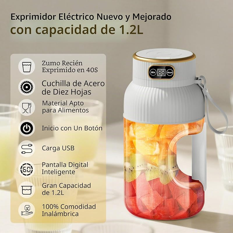 【Melhorado】Liquidificador portátil recarregável Fine Life Pro, novo liquidificador portátil de batidos de 1200ML com ecrã digital para legumes e frutas, dois modos, fácil de limpar, lâmina 3D-10, sem BPA — foto 2 de 8