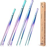 4 Pcs Fine Long Tweezer Tongs Professional Black, 12'' and 10'' Stainless Steel for Kitchen, Food, Cooking, Repairing, Sea fo