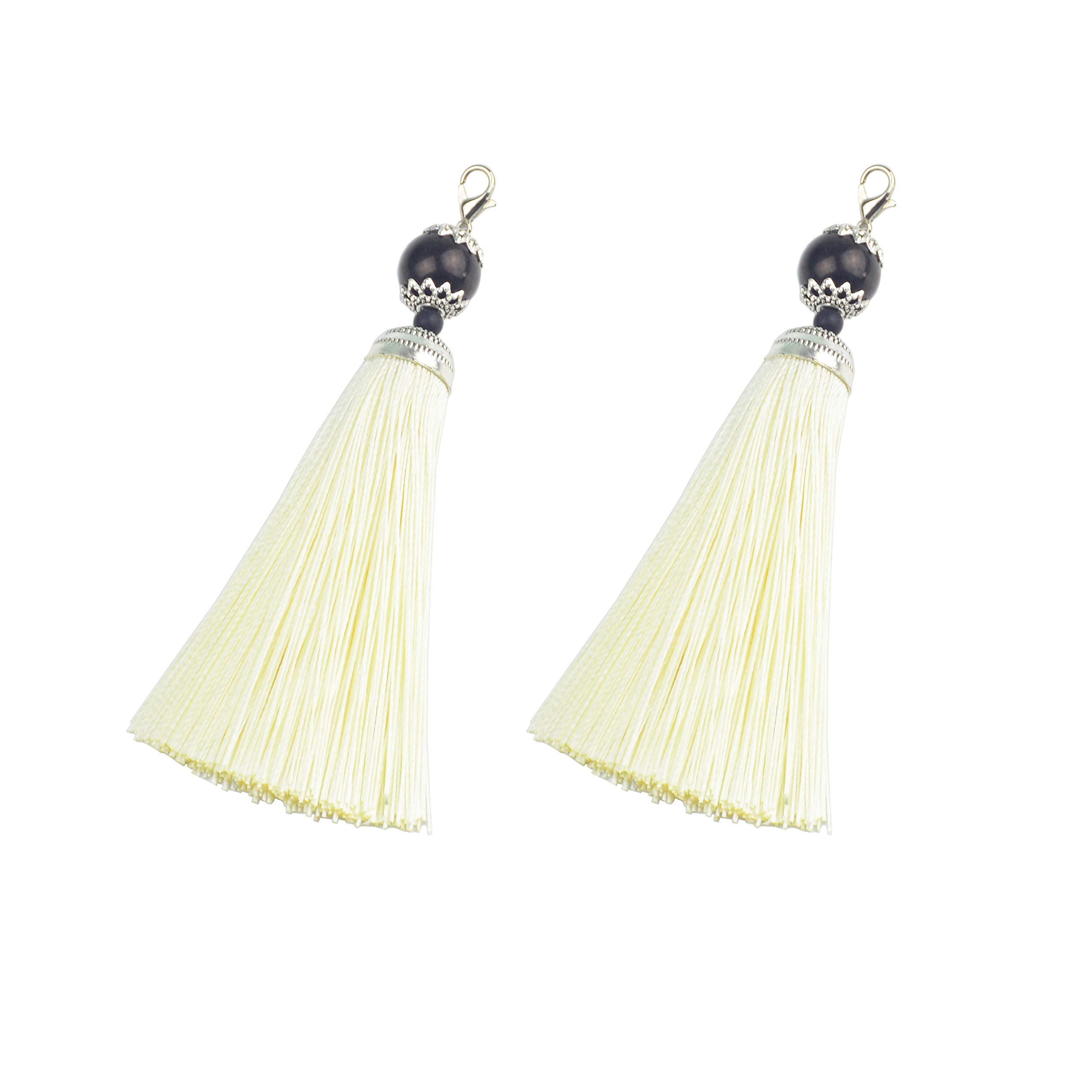 Makhry 10pcs 4.5 Inch Handmade Silky Floss Lobster Clasp Tassel Key chain Beads Bookmark Tassel Pendant for DIY Craft Jewelry Women Earring (cream, Short)