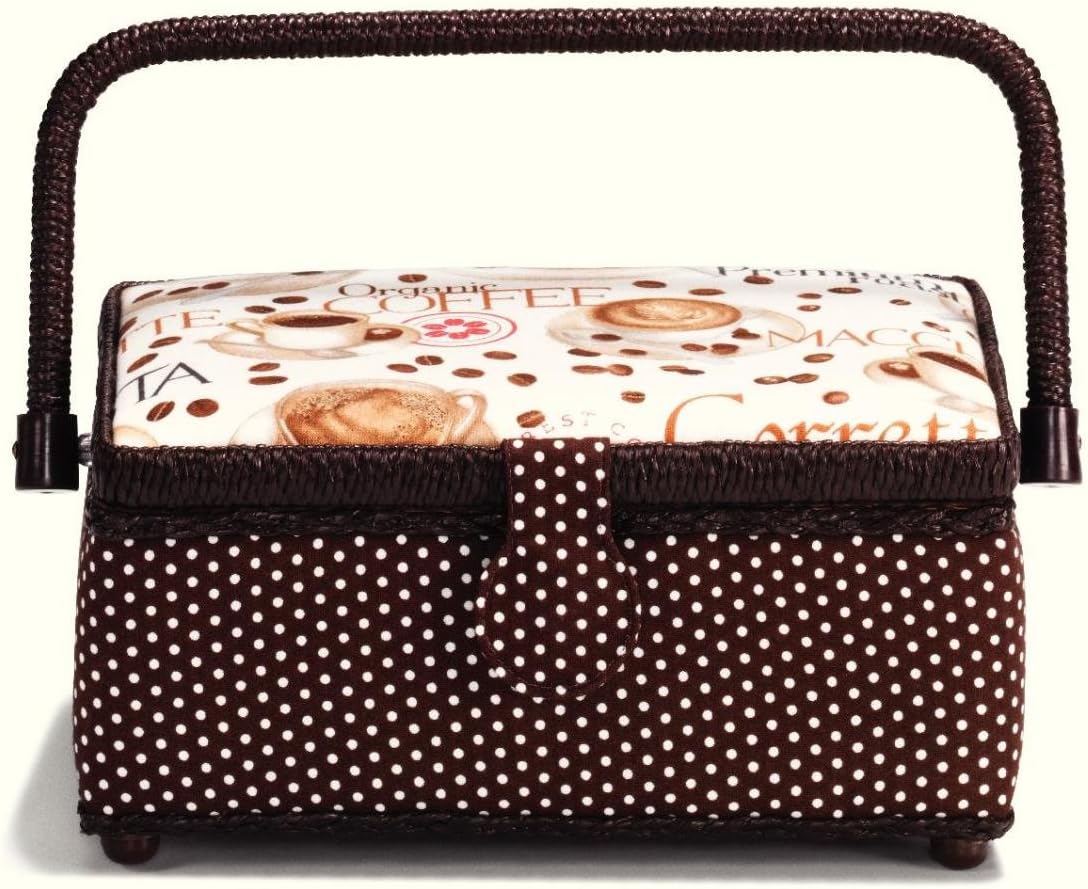 Prym White Polka Dot & Coffee Print Fabric Sewing Basket-Small, Cotton, Brown & Cream, 26x21x12 cm