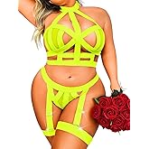 ChiaoLezhee Curvy Lady's Strappy Lingerie For Women, Plus Size Exotic Garter Thong, BBW Halter Gifts For Him 3 Piece Set