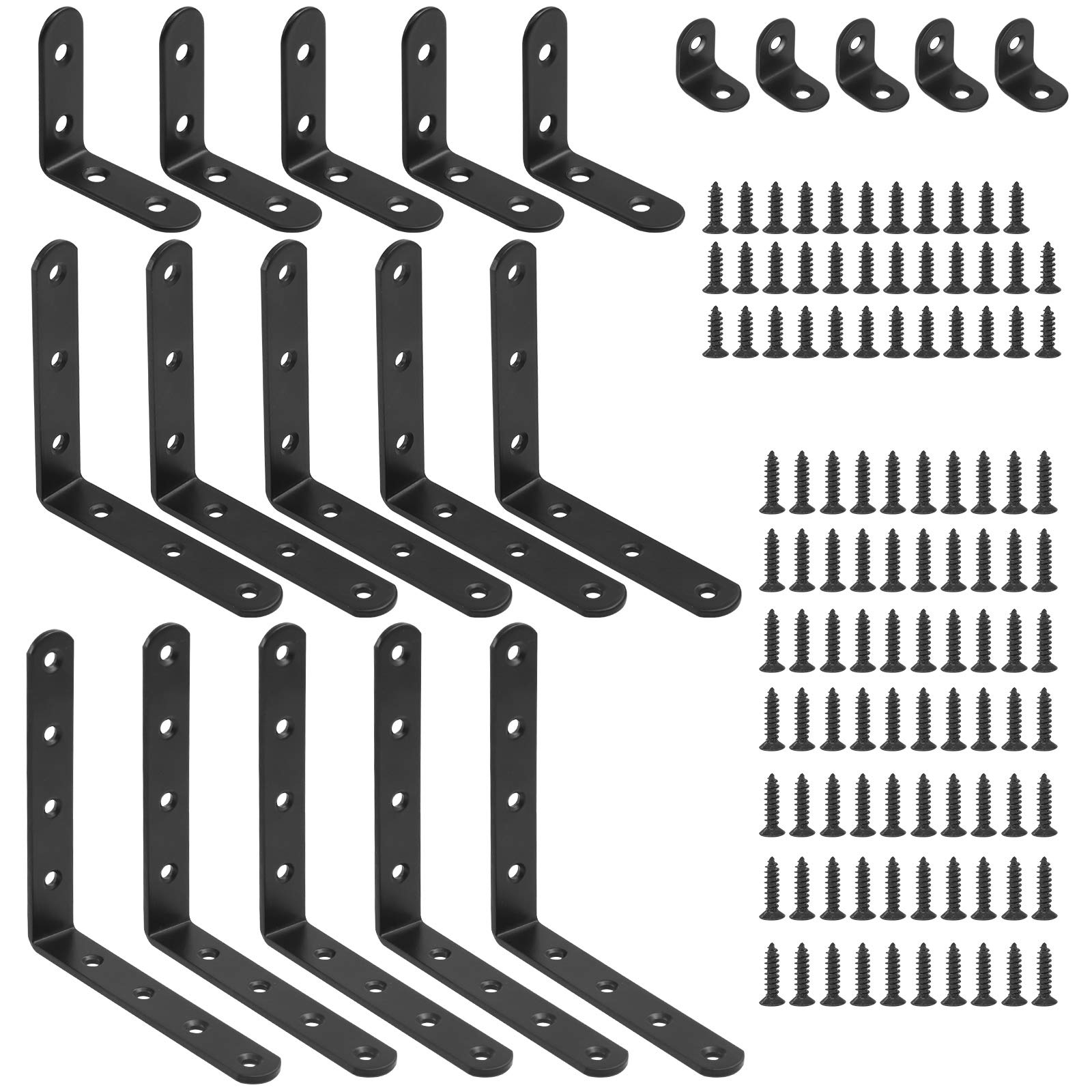 Glarks 130Pcs L Bracket Corner Brace Joint With Mounting Screws - Black Right Angle Bracket 20mm-125mm for Wood Chair, Bookshelf, Window, Furniture Cabinet