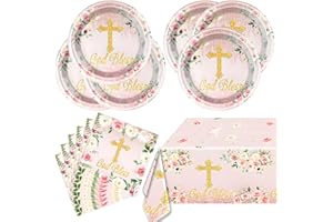 OULUN Pink God Bless Tableware Set,First Communion 20 Plates and 20 Napkins and Tablecloth51'' x 86'',For Newborn Baptism Church Party Decoration
