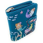 Shag Wear Cat Mermaid Small Women’s Wallet, Vegan Faux Leather Bifold with Card Slots, ID Window and Compact Snap Closure in Teal 4.5"