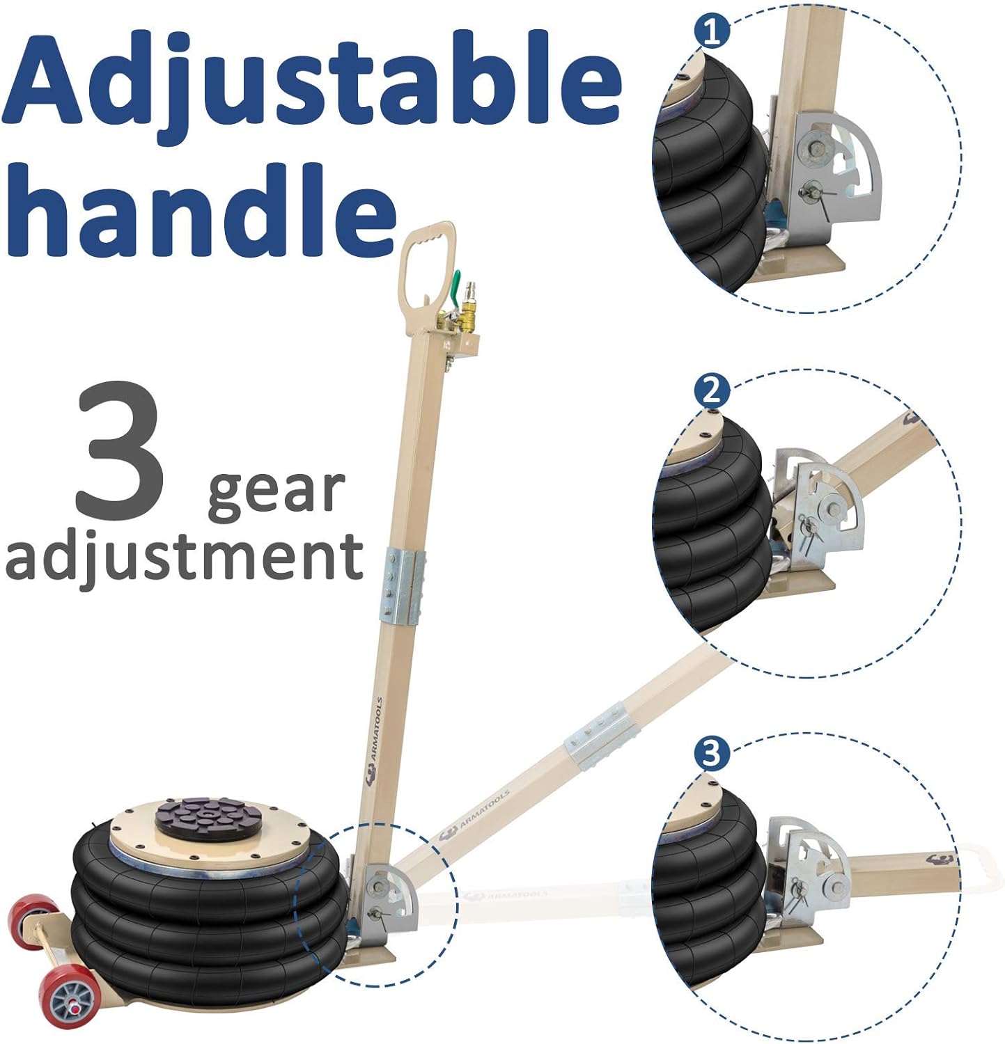 Sidasu Pneumatic Jack 16 Inch Lifting Height 3 Bag Air Jack 6600LBS Capacity Jack-Long Adjustable Folding Handle(White, Long Handle 3 Ton): Automotive