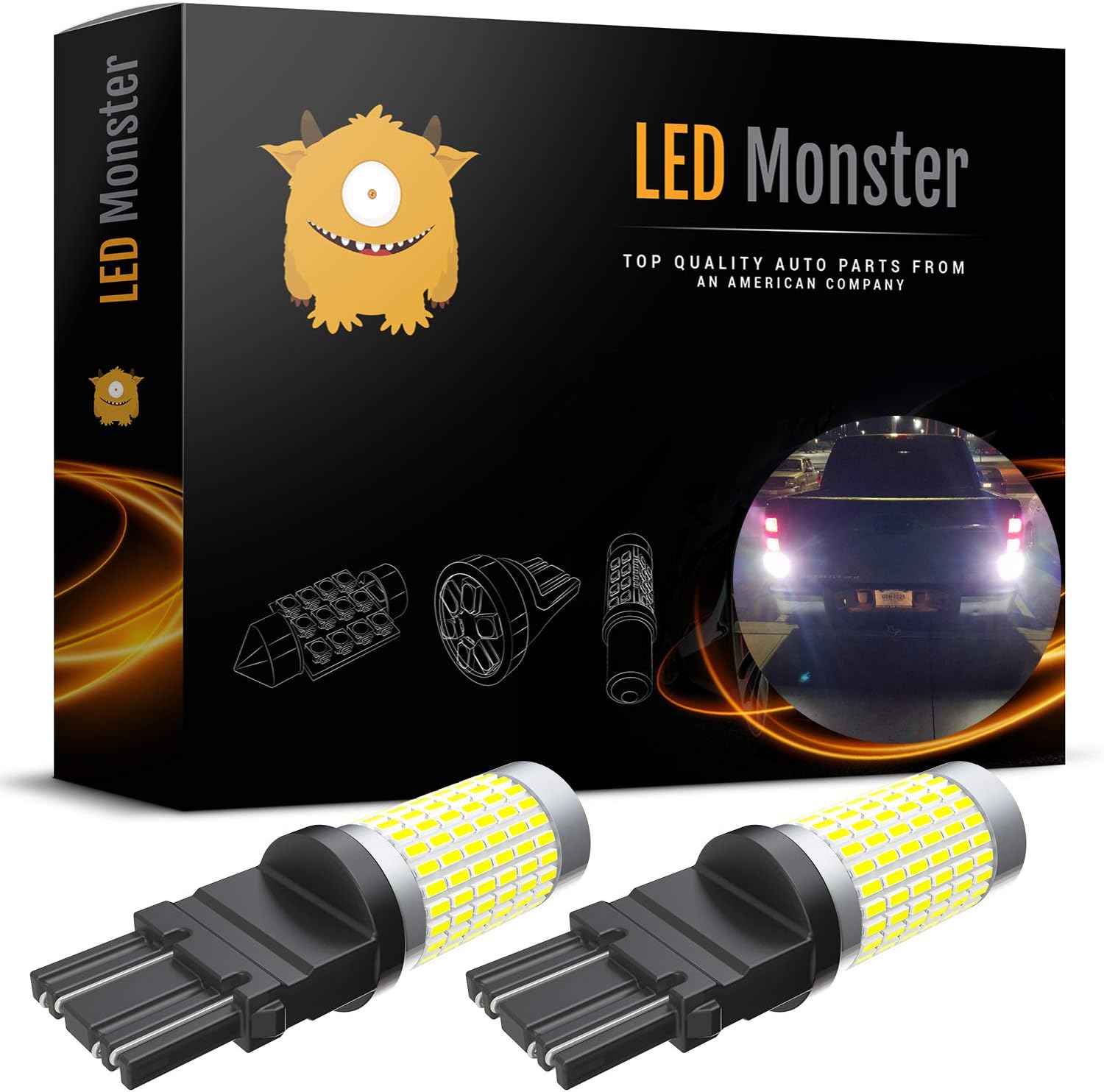 LED Monster Newest 12-24V Super Bright Low Power 3157 LED Bulb 3057 4157 with Projector Replacement for Back Up Reverse Lights or Tail Brake Lights, Xenon White 6500K