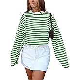 Vivitulip Women’s Casual Striped Sweatshirt Relaxed Fit Round Neck Long Sleeve Drawstring Cropped Pullover Tops