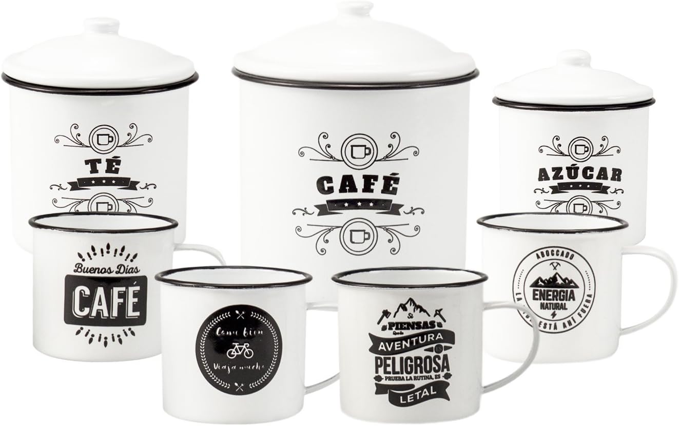 Set of 4 Vintage Enamelled Cups for Coffee/Tea/Infusions and 3 Vintage Enamelled Storage Containers for Café (Coffee), Té (Tea) and Azúcar (Sugar)