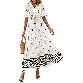 BTFBM Boho Dresses for Women 2026 Summer Spring Casual Floral Short Sleeve V Neck Flowy A-Line Maxi Party Dress Pockets